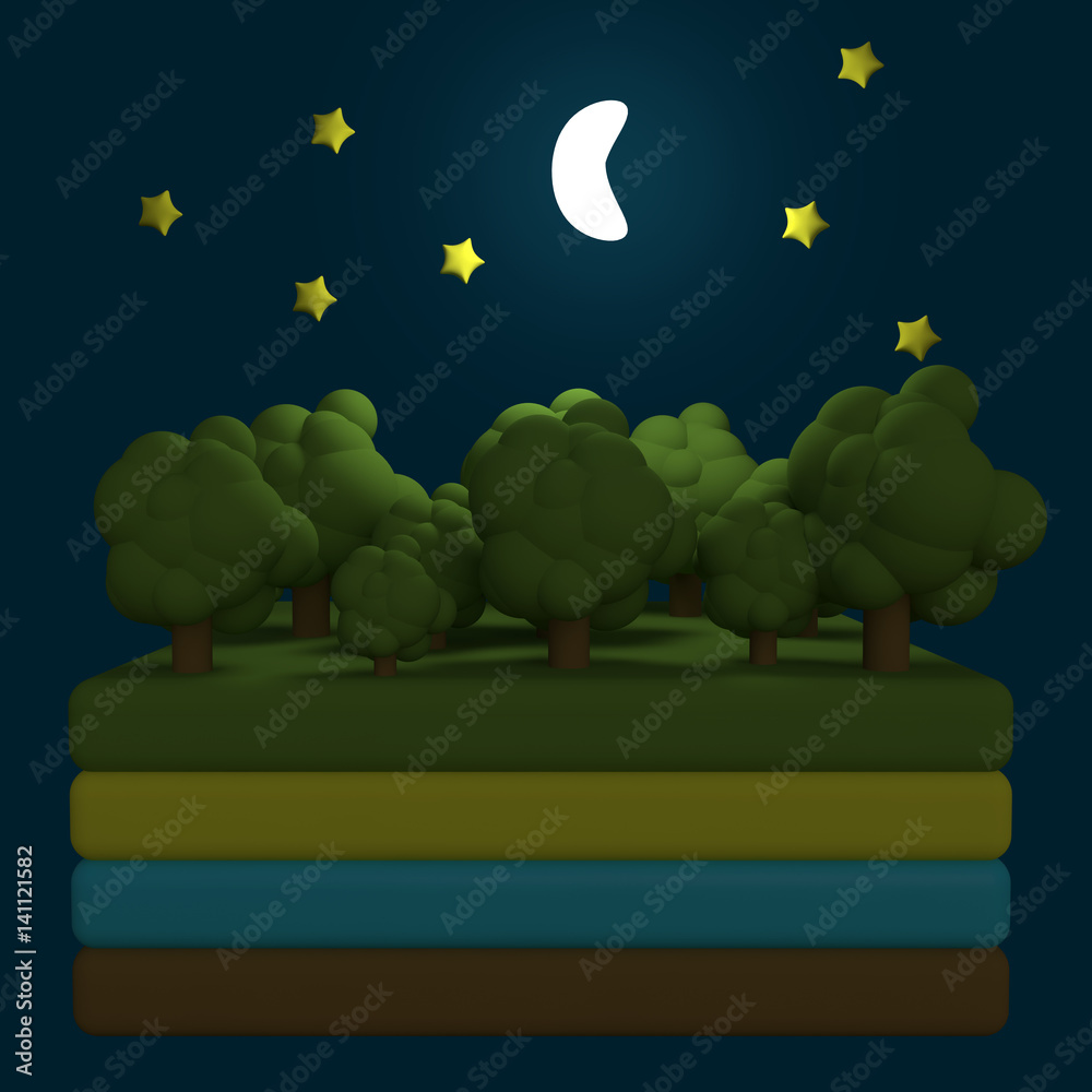 Wall mural stylized funny cartoon nature landscape with trees, moon and star. island or slice of land with laye