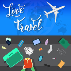  Plane in the clouds and original handwritten text Love Travel