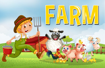 Obraz na płótnie Canvas Farm scene with farmer and animals