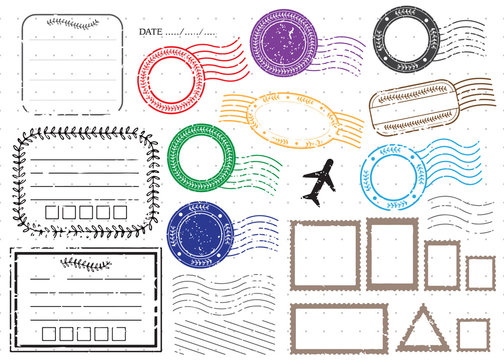 Blank postal stamps and foliage set.illustration vector