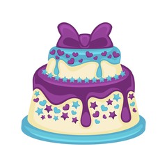 Festive two-tier cake with beautiful purple bow on white
