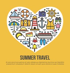 Cruise set summer travel in shape of heart on yellow