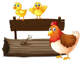 Wooden sign with two chicks and hen