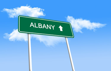 Road sign - Albany. Green road sign (signpost) on blue sky background. (3D-Illustration)
