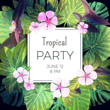 Bright green vector tropical background with pink and purple flowers. Exotic summer party flyer design.
