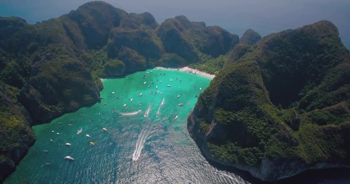 Descending Aerial Drone Shot over Maya Bay, Phi Phi Leh, Thailand
