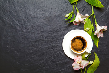 Coffee background - top view. Coffee in a holder and coffee beans