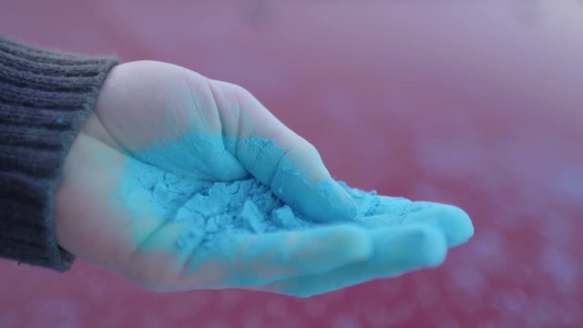 Blaue Holi Farbe in der Hand