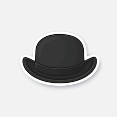 Vector illustration. Front view of black retro bowler hat. Vintage elegant hat. Sticker in cartoon style with contour. Decoration for greeting cards, patches, prints for clothes, badges, emblems