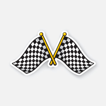 Vector illustration. Two crossed chequered racing flags on flagstaffs. Cartoon sticker with contour. Decoration for greeting cards, patches, prints for clothes, badges, posters, emblems