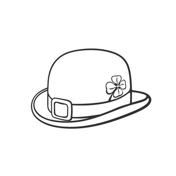 Vector illustration. Hand drawn doodle of bowler hat with buckle and clover. Saint Patrick's Day symbol. Cartoon sketch. Decoration for greeting cards, posters, emblems, wallpapers