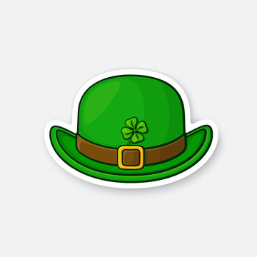 Vector illustration. Front view of bowler hat with buckle and clover. Saint Patrick's Day symbol. Sticker in cartoon style with contour. For greeting cards, patches, prints for clothes, badges