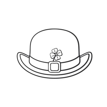 Vector illustration. Hand drawn doodle of view of bowler hat with buckle and clover. Saint Patrick's Day symbol. Cartoon sketch. Decoration for greeting cards, posters, emblems, wallpapers