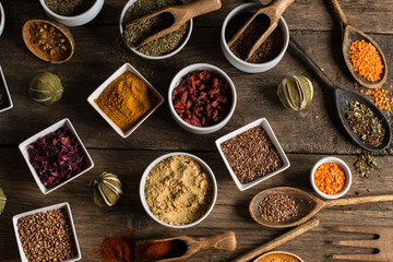 Various of colorful spices on wooden table. place for typography