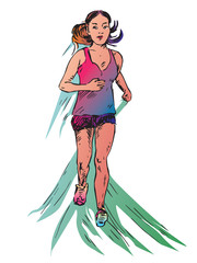 Young girl running in sportswear, hand drawn doodle, sketch in pop art style, vector color illustration
