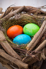 Easter eggs in the nest. Spring discount card.