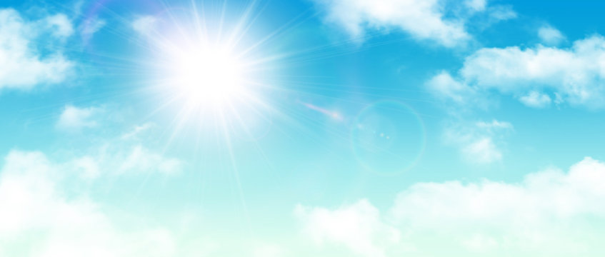 Fototapeta Sunny background, blue sky with white clouds and sun