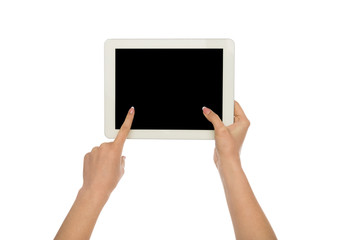 Woman holding digital tablet with blank screen