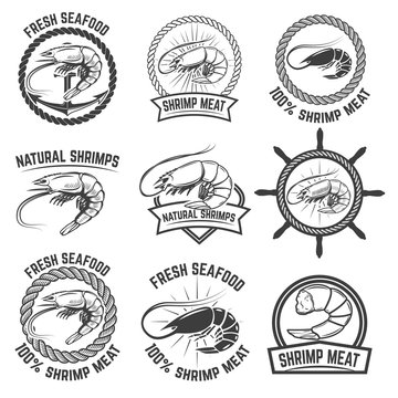 Set of the shrimps meat labels isolated on white background. Design element for logo, label, badge, sign. Vector illustration.