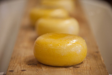 photo of beautiful chain of fresh made cheese on the wooden board