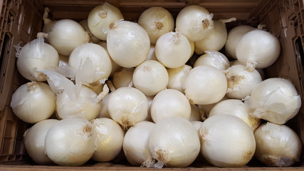 Horizontal image of buld white onions at the market