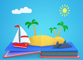 Pop Up Book With Tropical Island In Ocean. 3D rendering