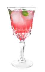 Glass of delicious wine spritzer on white background