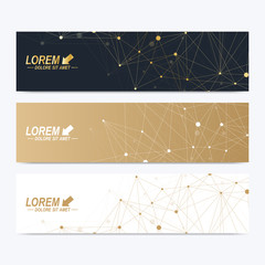 Modern set of vector banners. Geometric abstract presentation. Molecule DNA and communication background for medicine, science, chemistry. Golden cybernetic dots. Lines plexus. Card surface.