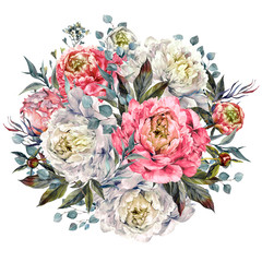Watercolor Peonies Round Bouquet