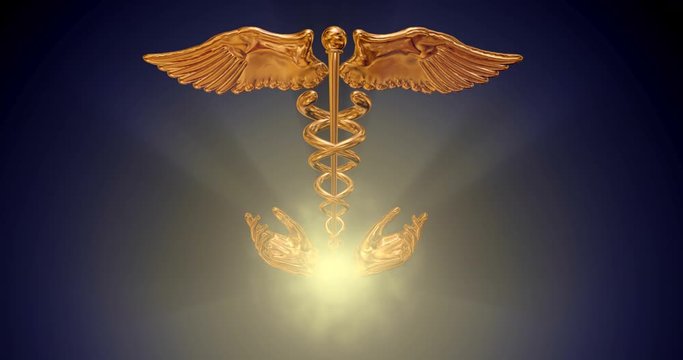 End of Life care with medical caduceus symbol and open hands, energy orb, glow and light rays, smoke emanating outwards. 3d render, animation