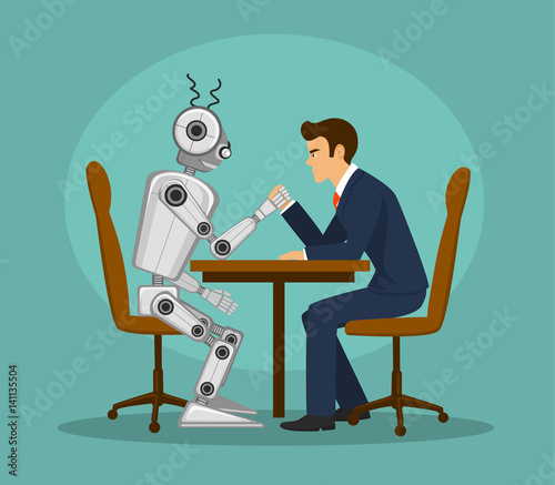 Funny Robot And Businessman Arm Wrestling Fighting