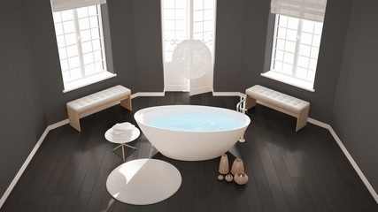 Zen classic spa bathroom with bathtub, minimalist scandinavian interior design, top view