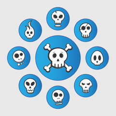 Skull icons on blue circles - vector illustration