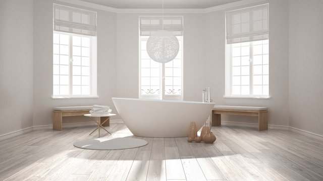 Zen classic spa bathroom with bathtub, minimalist scandinavian interior design