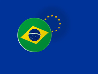 European Union Trade Concept: Brazil Flag Button On Blurred EU Flag, 3d illustration