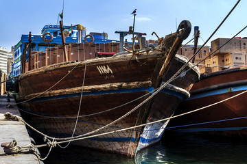 Cargo wooden Arab ships on the quay in the port of Deira
