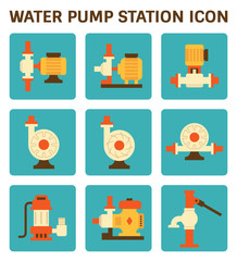Water pump vector icon i.e. centrifugal, rotary, submersible and well pump. Powered by electric motor, engine and hand. For industrial i.e. irrigation, plumbing, water cooling water treatment.