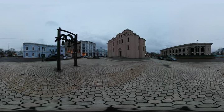 360 vr Video View of Contract Square Cobblestone Kiev Downtown in Cloudy Wintry Day Old Beautiful Buildings Historical Part of Kiev Architectural Monuments