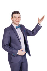 man presenting or showing something your text or product. human emotion expression and lifestyle concept. image on a white studio background.