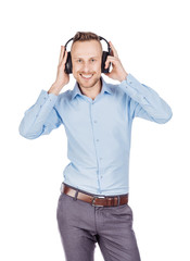 man listening to music on headphones, studio shot isolated on the white  background