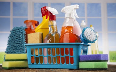 House cleaning product and window background