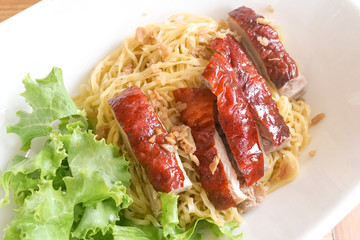 Roasted Duck noodle, Chinese gourmet. Sliced Peking ducks. Window light
