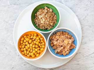 top view of three kind of cold breakfast cereals