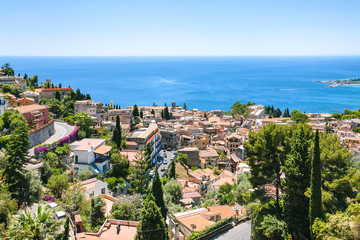 Fototapeta na wymiar above view Taormina city from Castelmola village