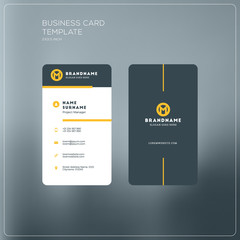 Vertical business card print template. Personal business card with company logo. Black and yellow colors. Clean flat design. Vector illustration. Business card mockup