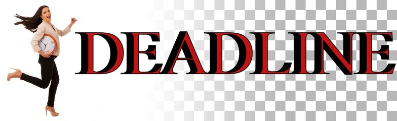Stressed woman with big clock rushing because of being late.