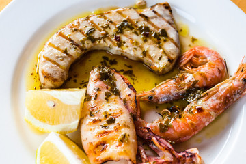sicilian grilled fish and seafood mix close up