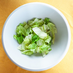 top view of portion of green lettuce in bowl
