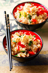 Fried rice with vegetables ,egg and bacon