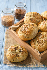 Homemade bread rolls with flax seeds.
